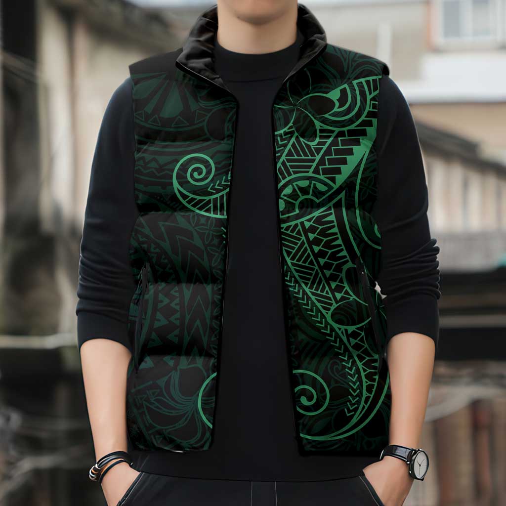 Black Green Polynesian Tribal Sleeveless Puffer Jacket - Polynesian Pride