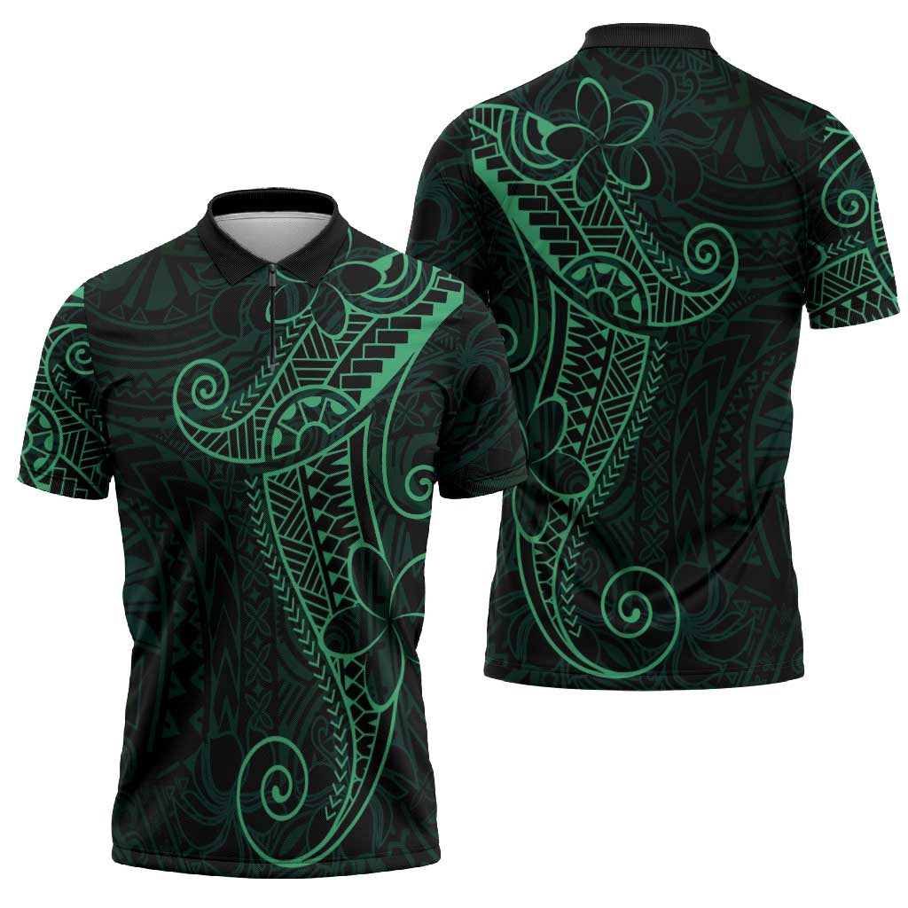 Black Green Polynesian Tribal Zipper Polo Shirt - Polynesian Pride