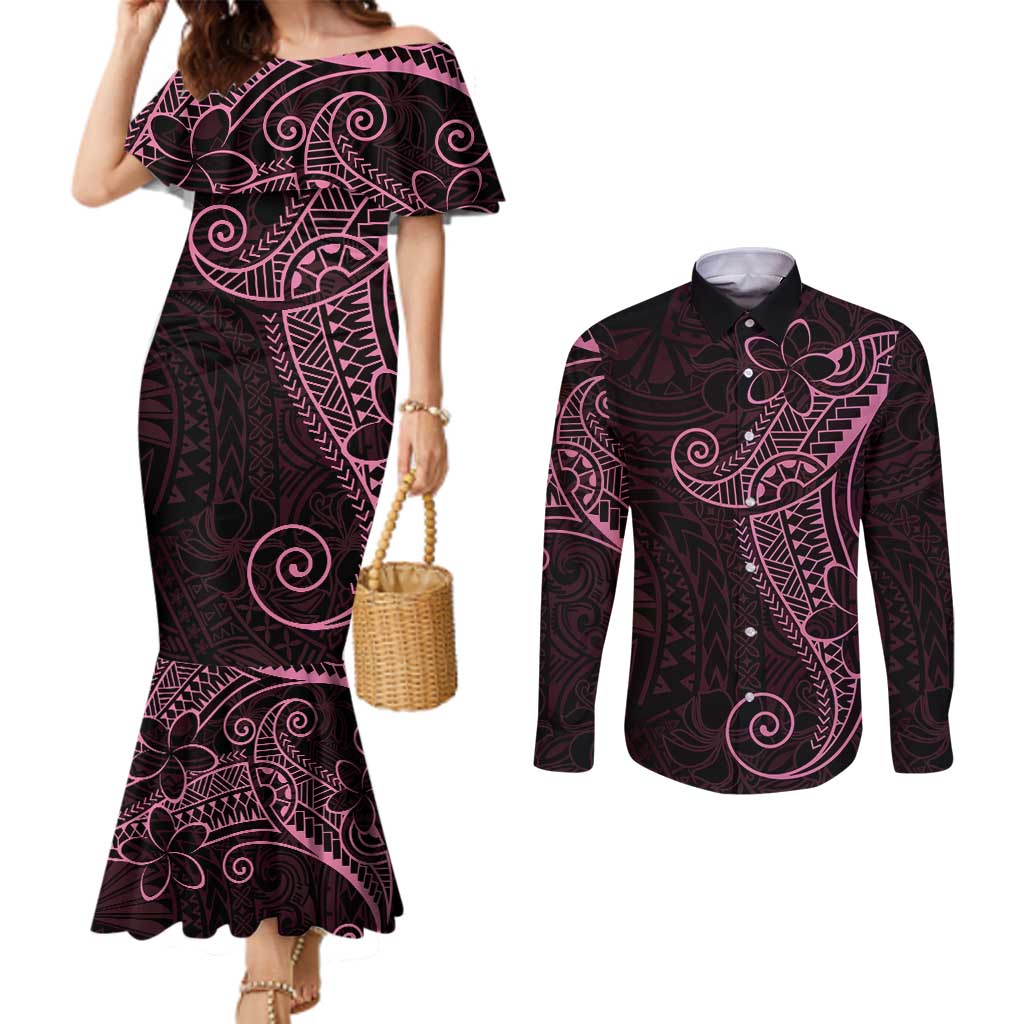 Black Pink Polynesian Tribal Couples Matching Mermaid Dress and Long Sleeve Button Shirt - Polynesian Pride