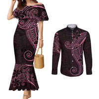 Black Pink Polynesian Tribal Couples Matching Mermaid Dress and Long Sleeve Button Shirt - Polynesian Pride