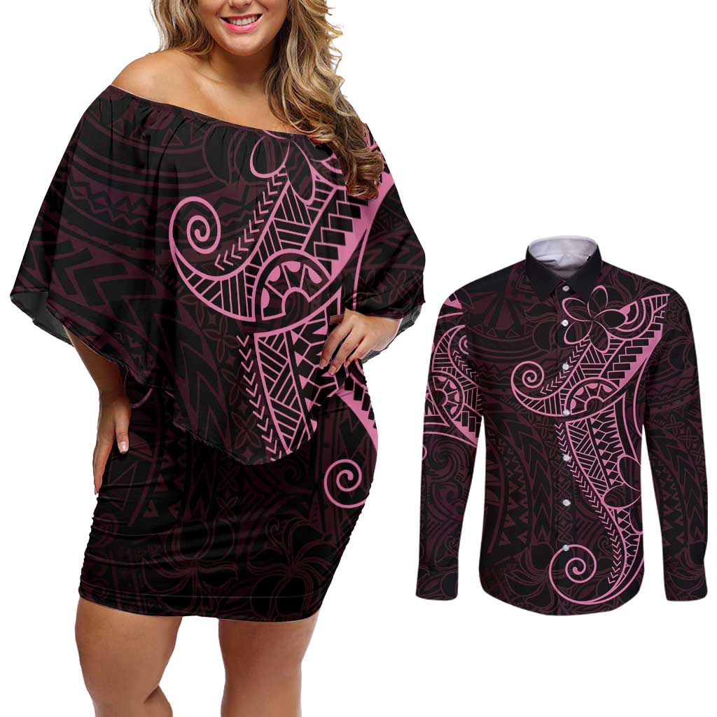Black Pink Polynesian Tribal Couples Matching Off Shoulder Short Dress and Long Sleeve Button Shirt - Polynesian Pride