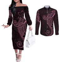 Black Pink Polynesian Tribal Couples Matching Off The Shoulder Long Sleeve Dress and Long Sleeve Button Shirt - Polynesian Pride