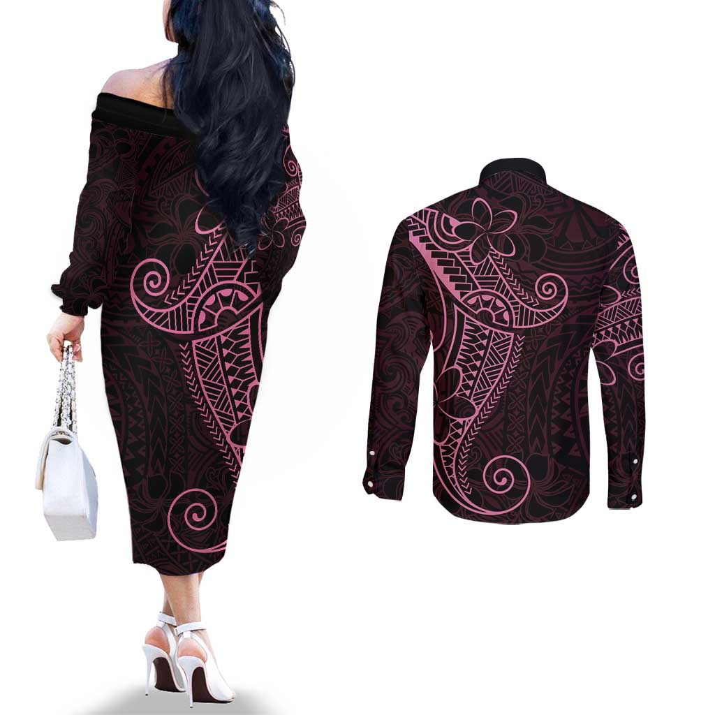 Black Pink Polynesian Tribal Couples Matching Off The Shoulder Long Sleeve Dress and Long Sleeve Button Shirt - Polynesian Pride
