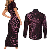 Black Pink Polynesian Tribal Couples Matching Short Sleeve Bodycon Dress and Long Sleeve Button Shirt - Polynesian Pride