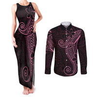 Black Pink Polynesian Tribal Couples Matching Tank Maxi Dress and Long Sleeve Button Shirt - Polynesian Pride