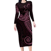 Black Pink Polynesian Tribal Family Matching Long Sleeve Bodycon Dress and Hawaiian Shirt LT9 Mom's Dress Pink - Polynesian Pride