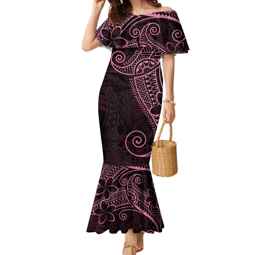 Black Pink Polynesian Tribal Family Matching Mermaid Dress and Hawaiian Shirt LT9 Mom's Dress Pink - Polynesian Pride