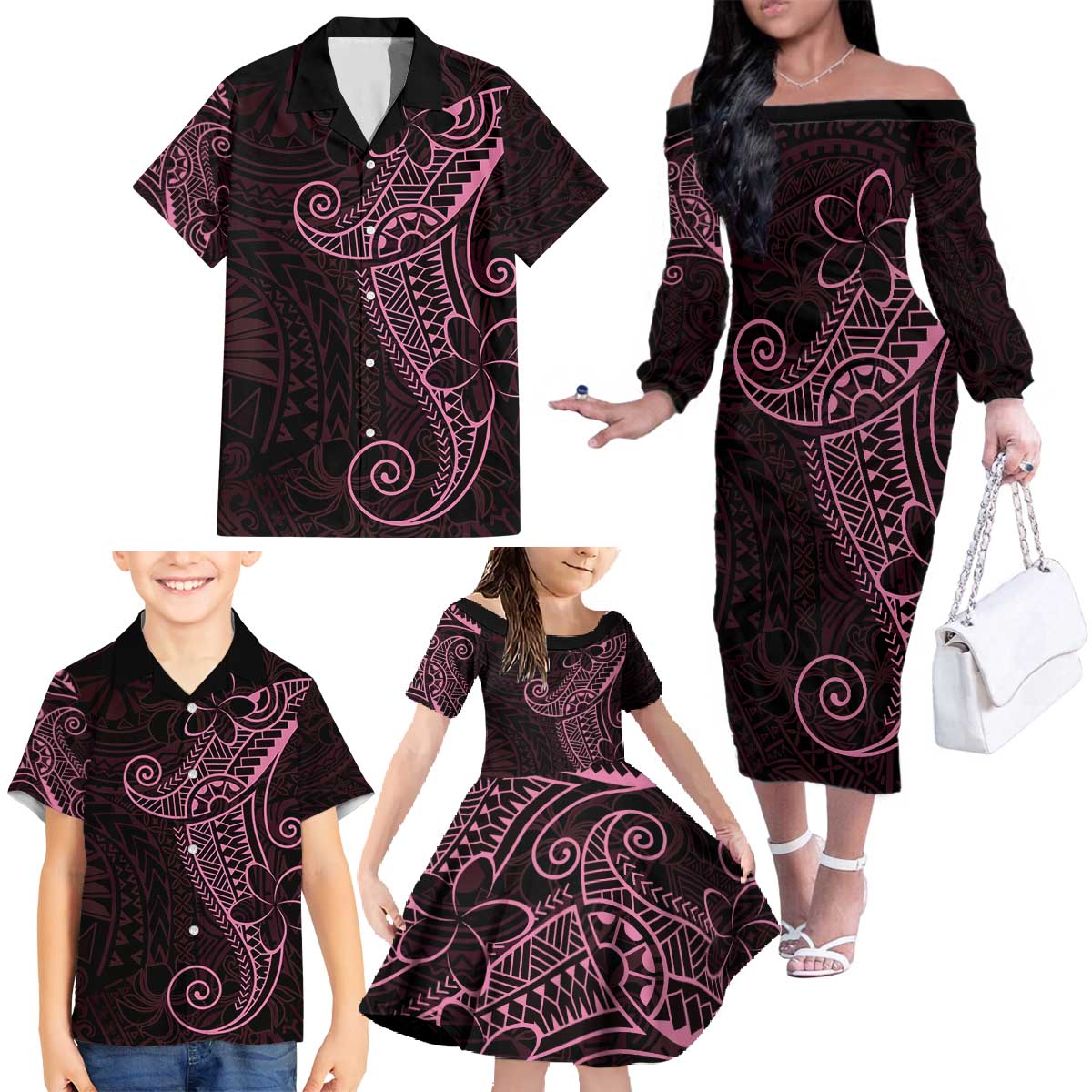 Black Pink Polynesian Tribal Family Matching Off The Shoulder Long Sleeve Dress and Hawaiian Shirt - Polynesian Pride
