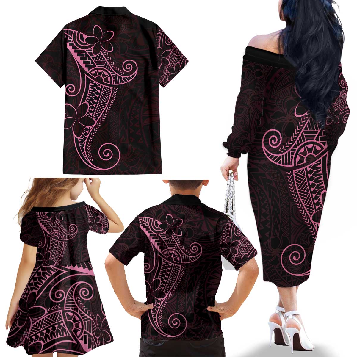 Black Pink Polynesian Tribal Family Matching Off The Shoulder Long Sleeve Dress and Hawaiian Shirt - Polynesian Pride