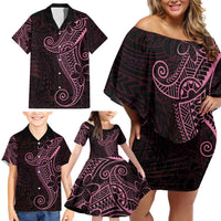 Black Pink Polynesian Tribal Family Matching Off Shoulder Short Dress and Hawaiian Shirt - Polynesian Pride