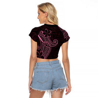 Black Pink Polynesian Tribal Raglan Cropped T Shirt LT9 - Polynesian Pride