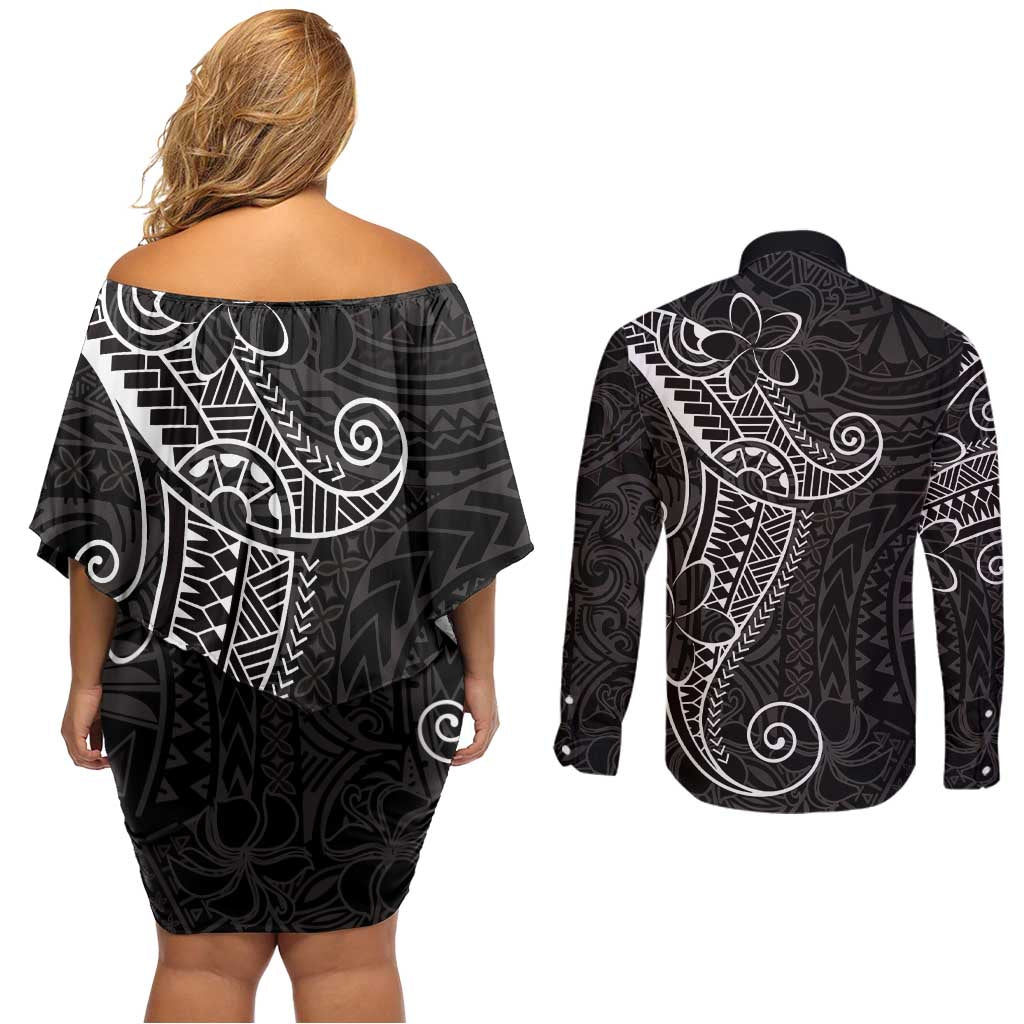 Black White Polynesian Tribal Couples Matching Off Shoulder Short Dress and Long Sleeve Button Shirt LT9 - Polynesian Pride