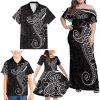 Black White Polynesian Tribal Family Matching Off Shoulder Maxi Dress and Hawaiian Shirt - Polynesian Pride
