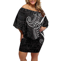 Black White Polynesian Tribal Family Matching Off Shoulder Short Dress and Hawaiian Shirt - Polynesian Pride
