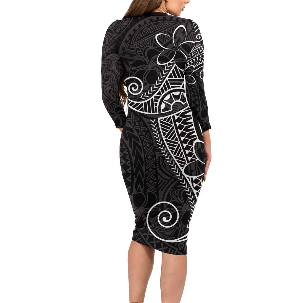 Black White Polynesian Tribal Long Sleeve Bodycon Dress LT9 - Polynesian Pride