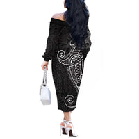 Black White Polynesian Tribal Off The Shoulder Long Sleeve Dress - Polynesian Pride