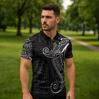 Black White Polynesian Tribal Zipper Polo Shirt - Polynesian Pride