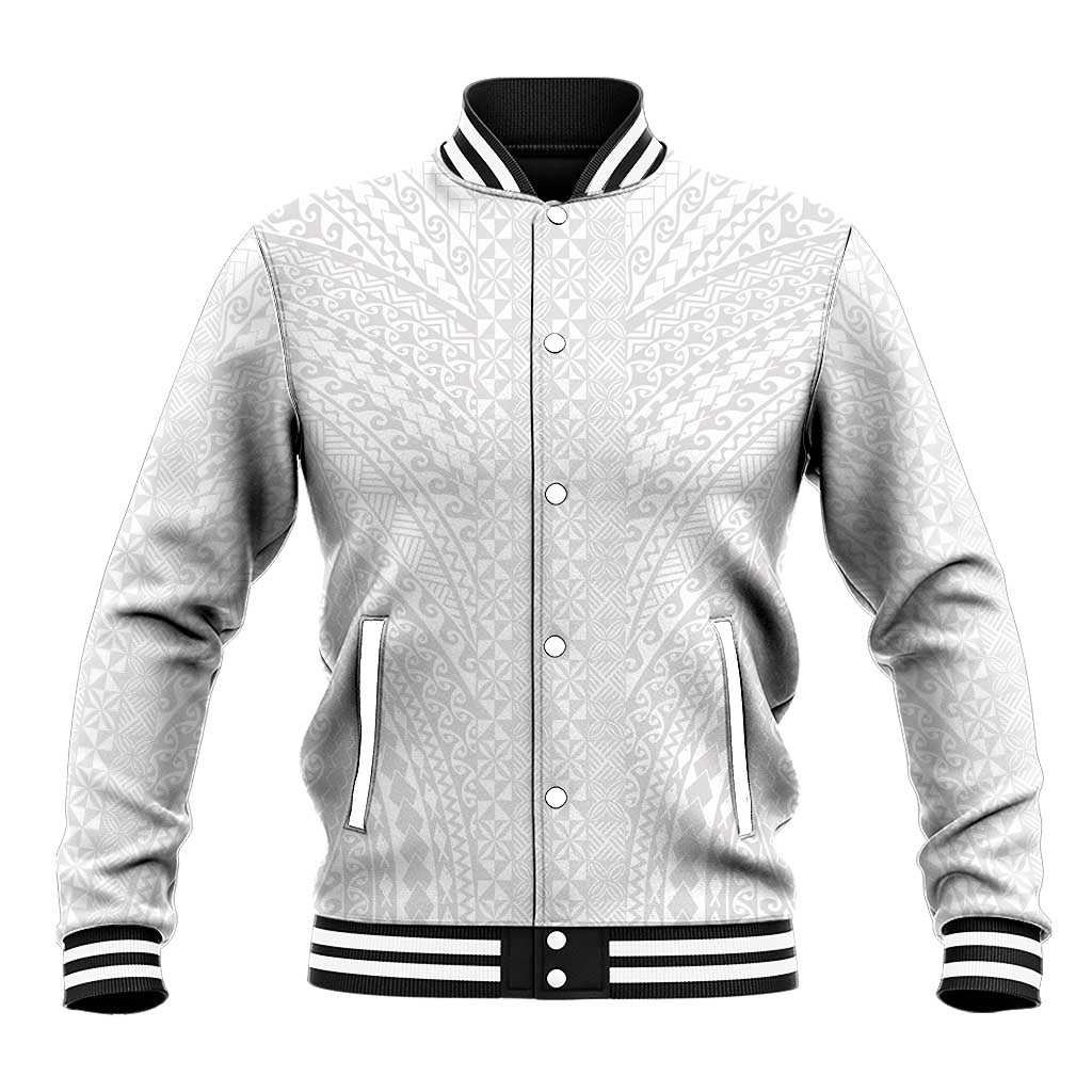 Lotu Tamaiti White Tongan Ngatu Baseball Jacket Polynesian Tribal Fonulei Pattern - Polynesian Pride