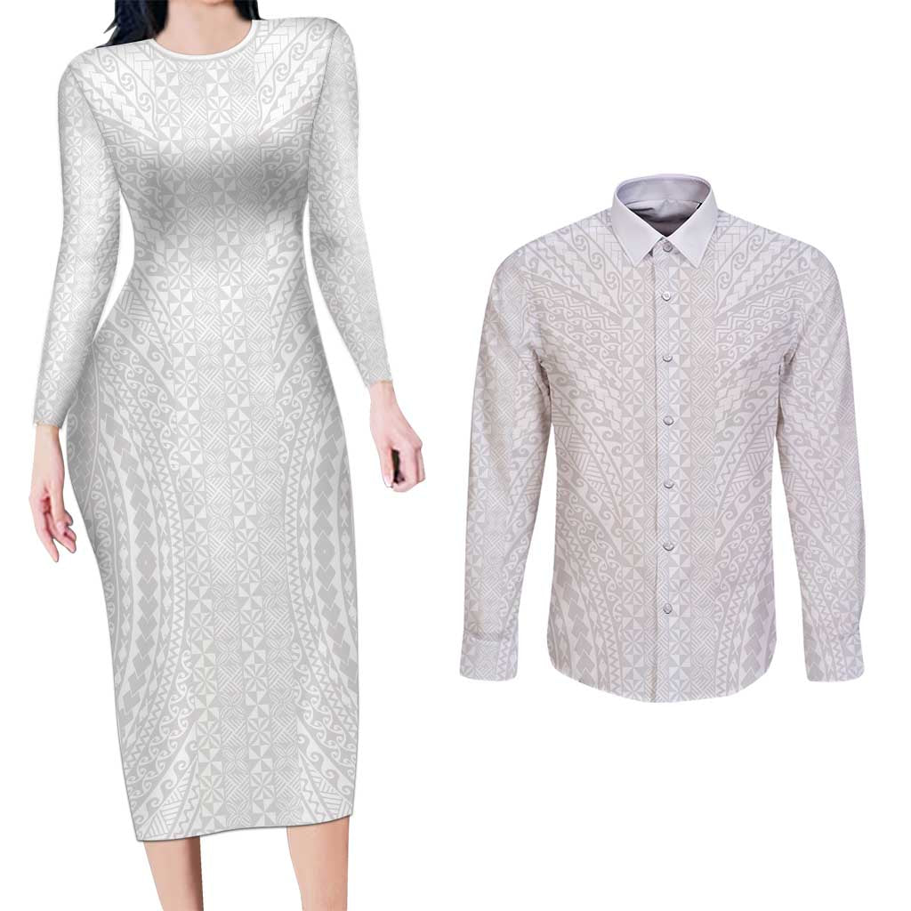 Lotu Tamaiti White Tongan Ngatu Couples Matching Long Sleeve Bodycon Dress and Long Sleeve Button Shirt Polynesian Tribal Fonulei Pattern - Polynesian Pride