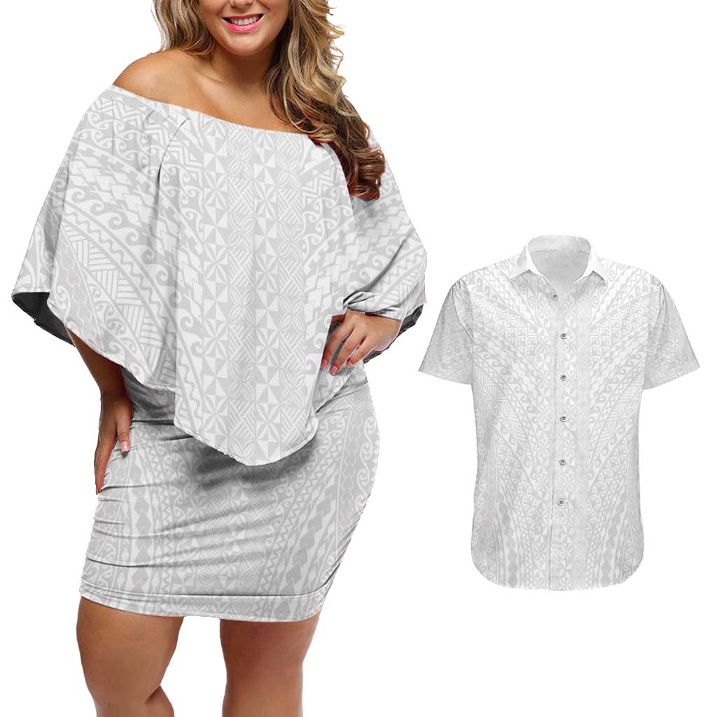 Lotu Tamaiti White Tongan Ngatu Couples Matching Off Shoulder Short Dress and Hawaiian Shirt Polynesian Tribal Fonulei Pattern - Polynesian Pride