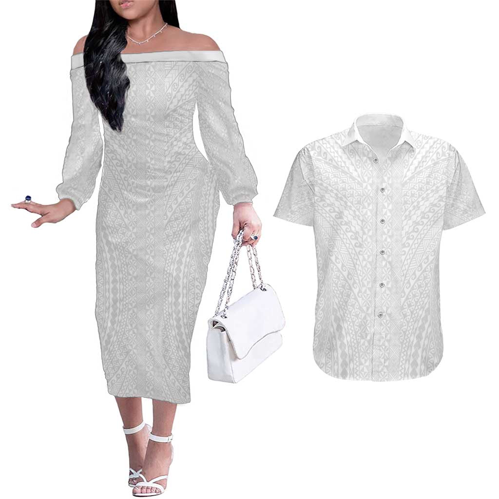 Lotu Tamaiti White Tongan Ngatu Couples Matching Off The Shoulder Long Sleeve Dress and Hawaiian Shirt Polynesian Tribal Fonulei Pattern - Polynesian Pride