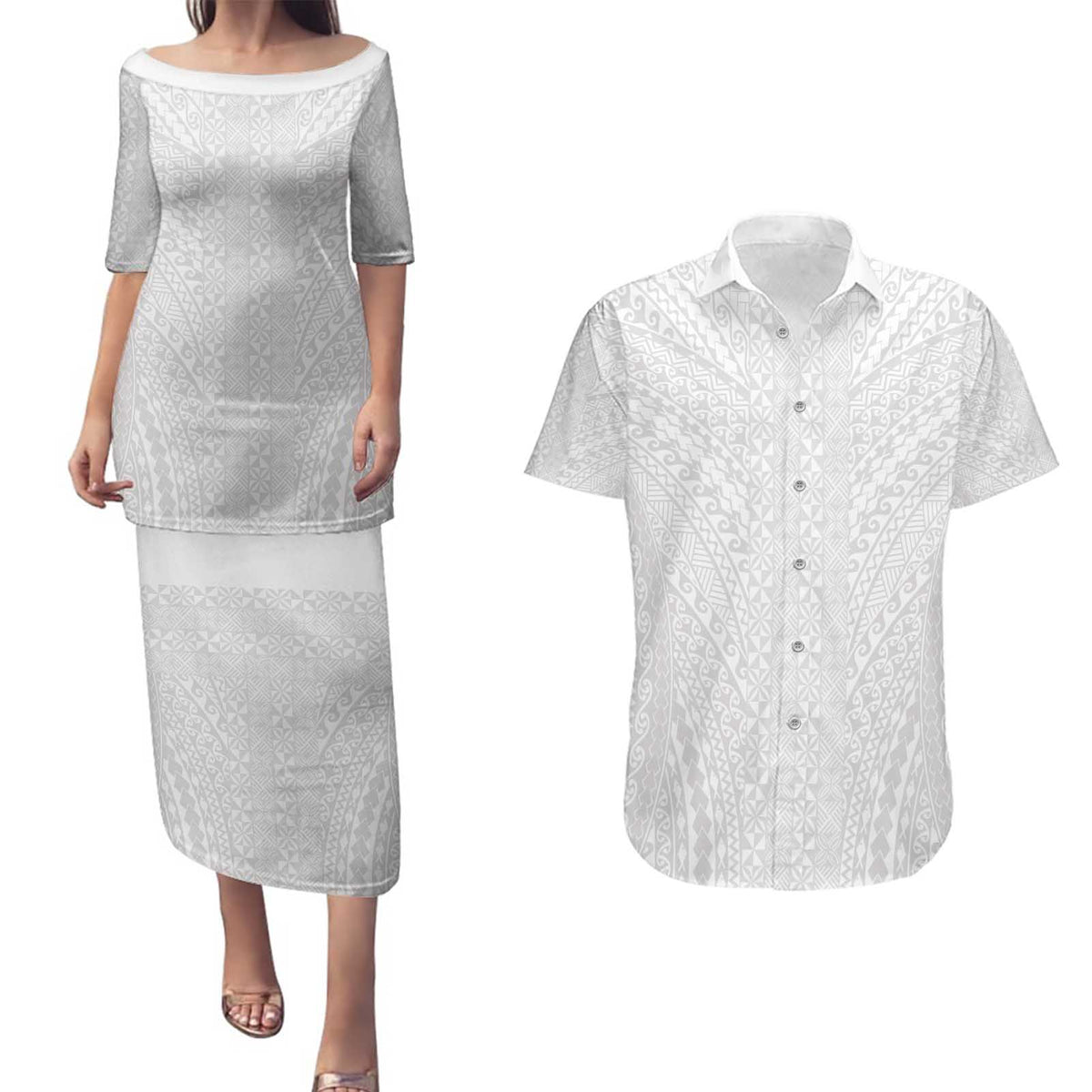 Lotu Tamaiti White Tongan Ngatu Couples Matching Puletasi and Hawaiian Shirt Polynesian Tribal Fonulei Pattern - Polynesian Pride