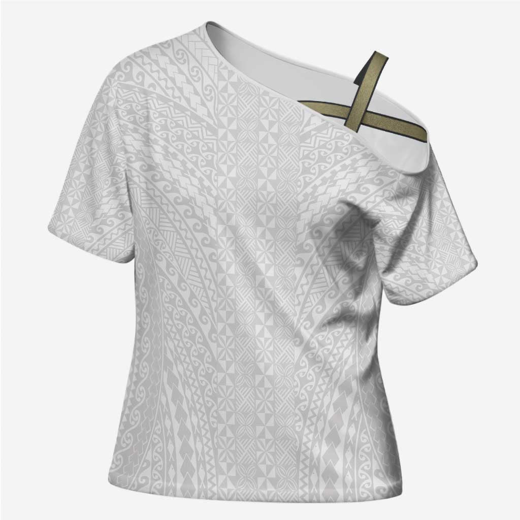 Lotu Tamaiti White Tongan Ngatu Cross Shoulder Shirt Polynesian Tribal Fonulei Pattern - Polynesian Pride
