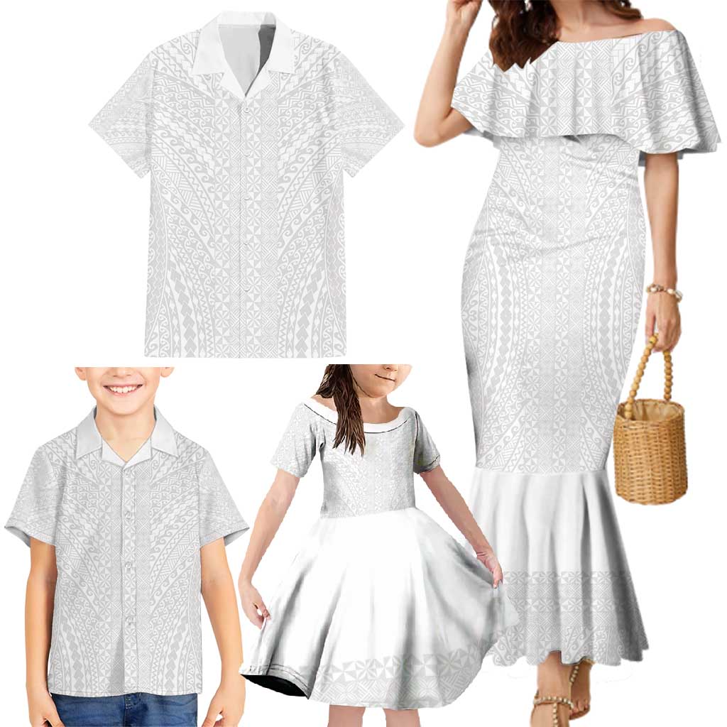 Lotu Tamaiti White Tongan Ngatu Family Matching Mermaid Dress and Hawaiian Shirt Polynesian Tribal Fonulei Pattern - Polynesian Pride