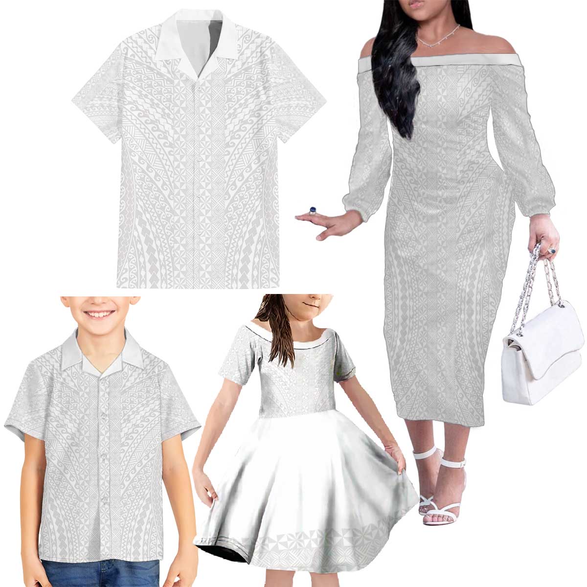 Lotu Tamaiti White Tongan Ngatu Family Matching Off The Shoulder Long Sleeve Dress and Hawaiian Shirt Polynesian Tribal Fonulei Pattern - Polynesian Pride