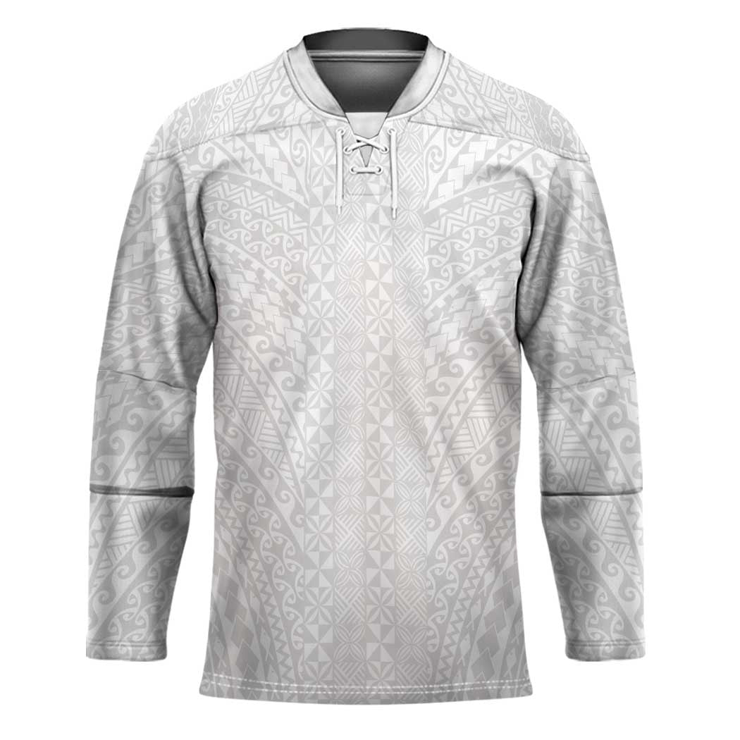 Lotu Tamaiti White Tongan Ngatu Hockey Jersey Polynesian Tribal Fonulei Pattern - Polynesian Pride