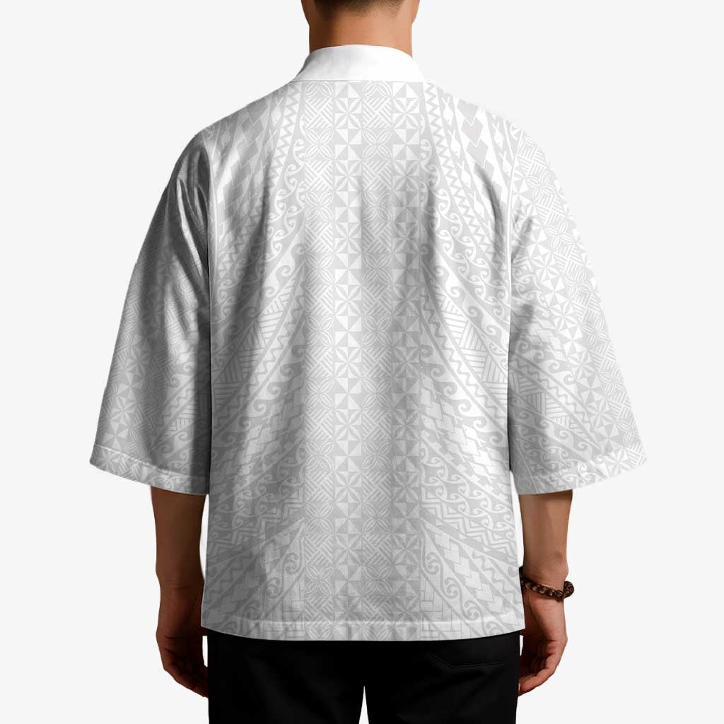 Lotu Tamaiti White Tongan Ngatu Kimono Polynesian Tribal Fonulei Pattern - Polynesian Pride