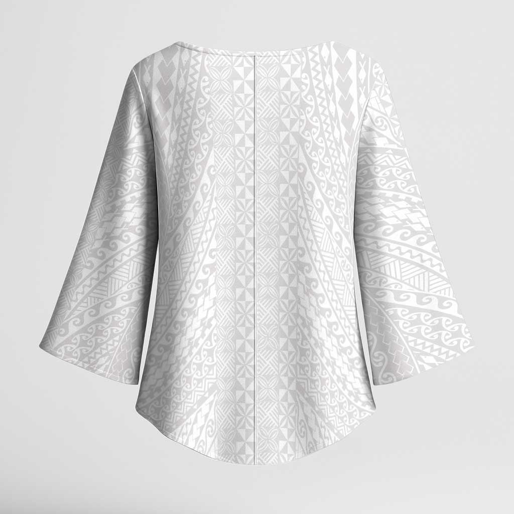 Lotu Tamaiti White Tongan Ngatu Kimono Sleeve Blouse Polynesian Tribal Fonulei Pattern - Polynesian Pride