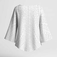 Lotu Tamaiti White Tongan Ngatu Kimono Sleeve Blouse Polynesian Tribal Fonulei Pattern - Polynesian Pride
