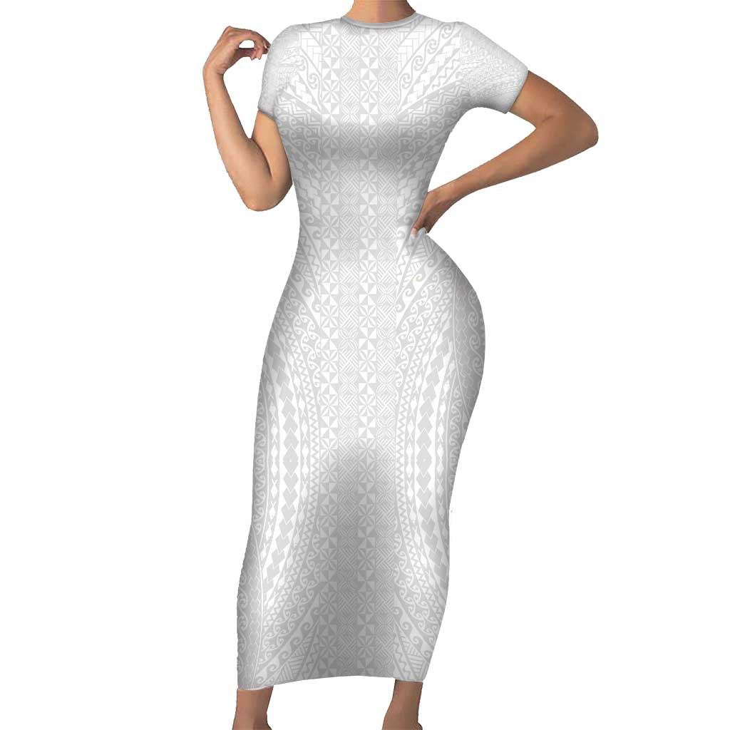 Lotu Tamaiti White Tongan Ngatu Short Sleeve Bodycon Dress Polynesian Tribal Fonulei Pattern - Polynesian Pride