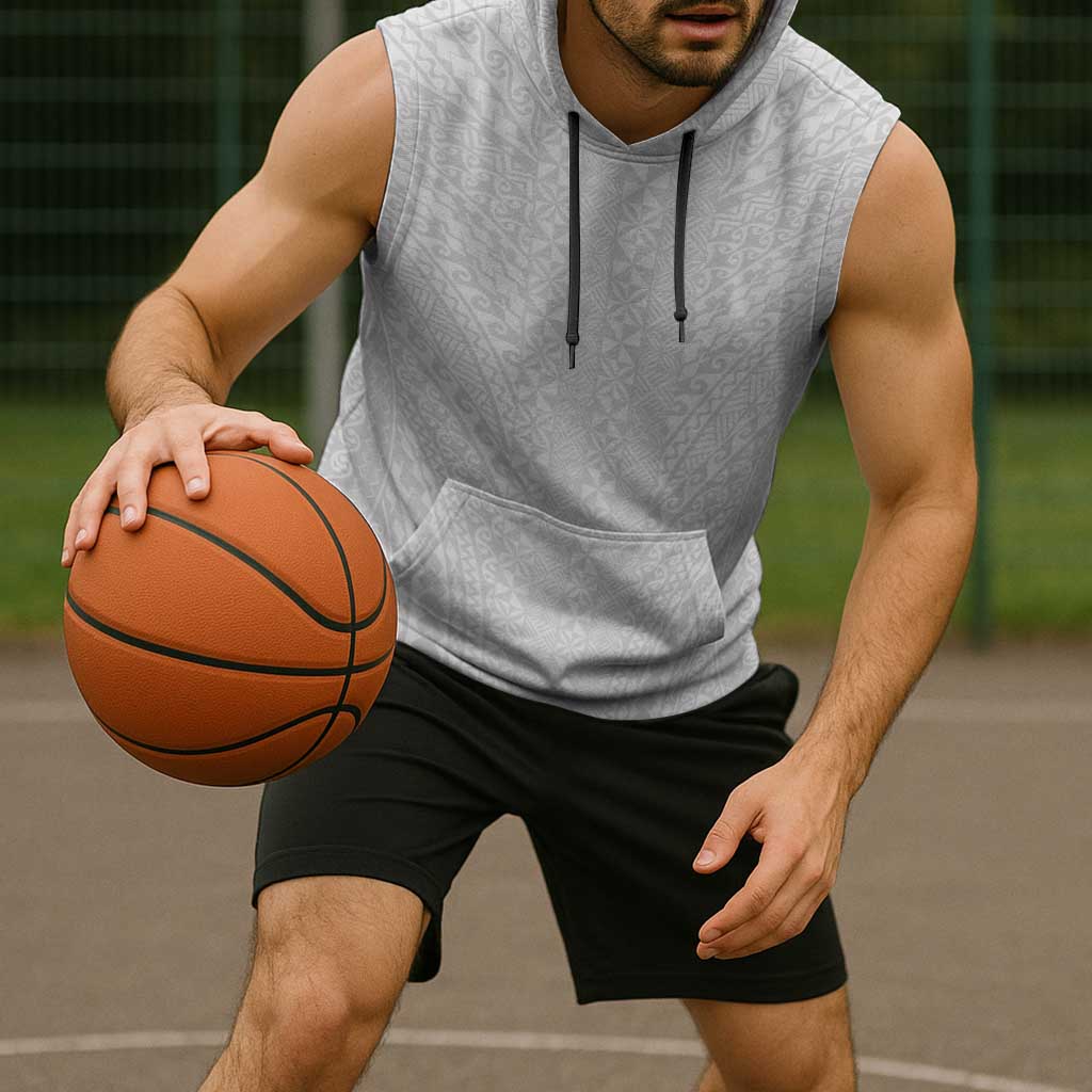 Lotu Tamaiti White Tongan Ngatu Sleeveless Hoodie Polynesian Tribal Fonulei Pattern - Polynesian Pride