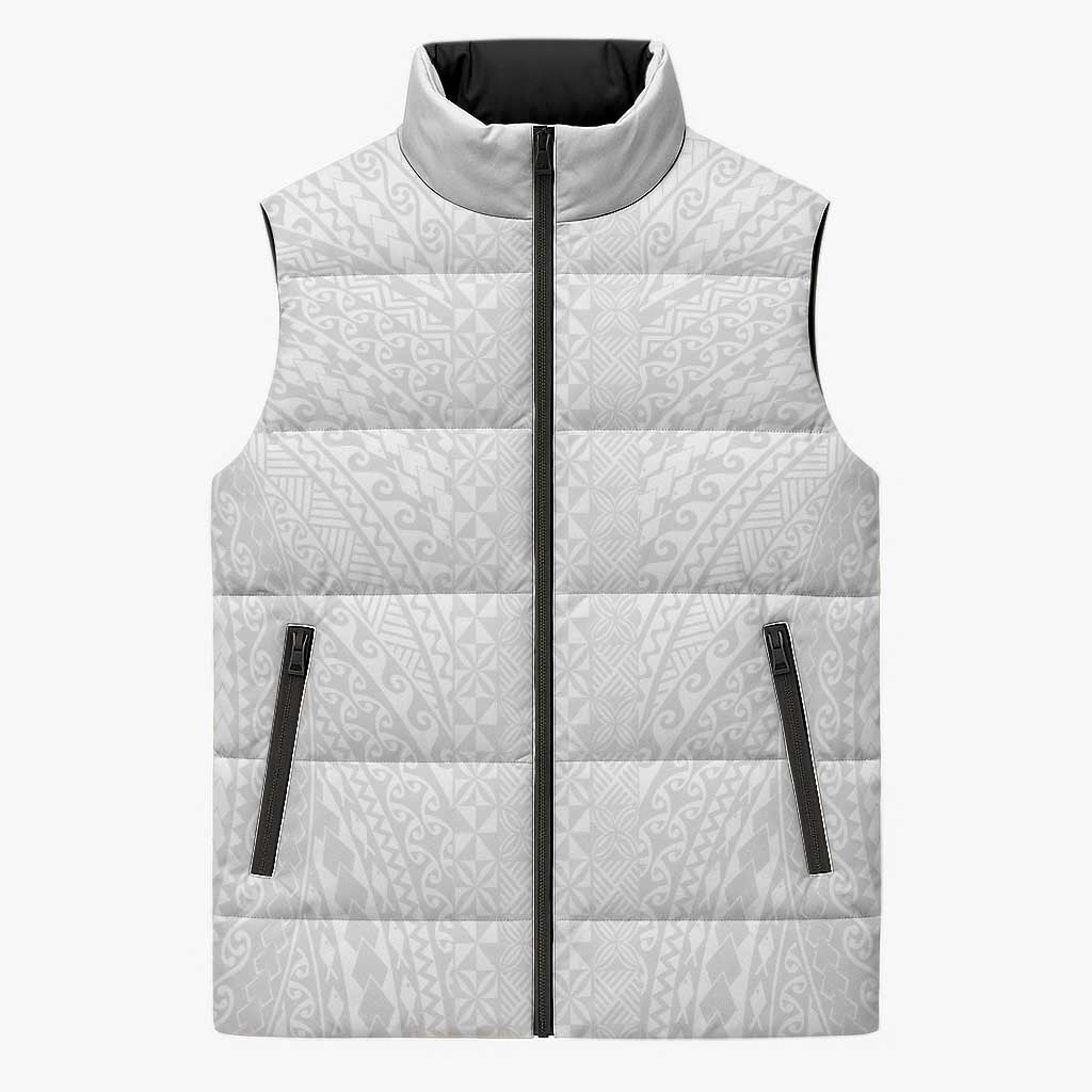 Lotu Tamaiti White Tongan Ngatu Sleeveless Puffer Jacket Polynesian Tribal Fonulei Pattern - Polynesian Pride