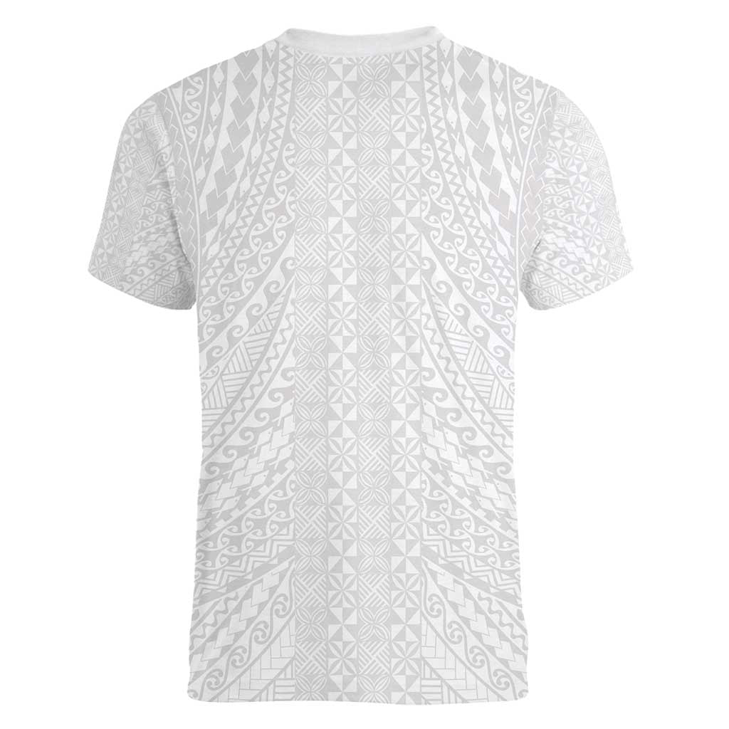 Lotu Tamaiti White Tongan Ngatu Women V-Neck T-Shirt Polynesian Tribal Fonulei Pattern - Polynesian Pride