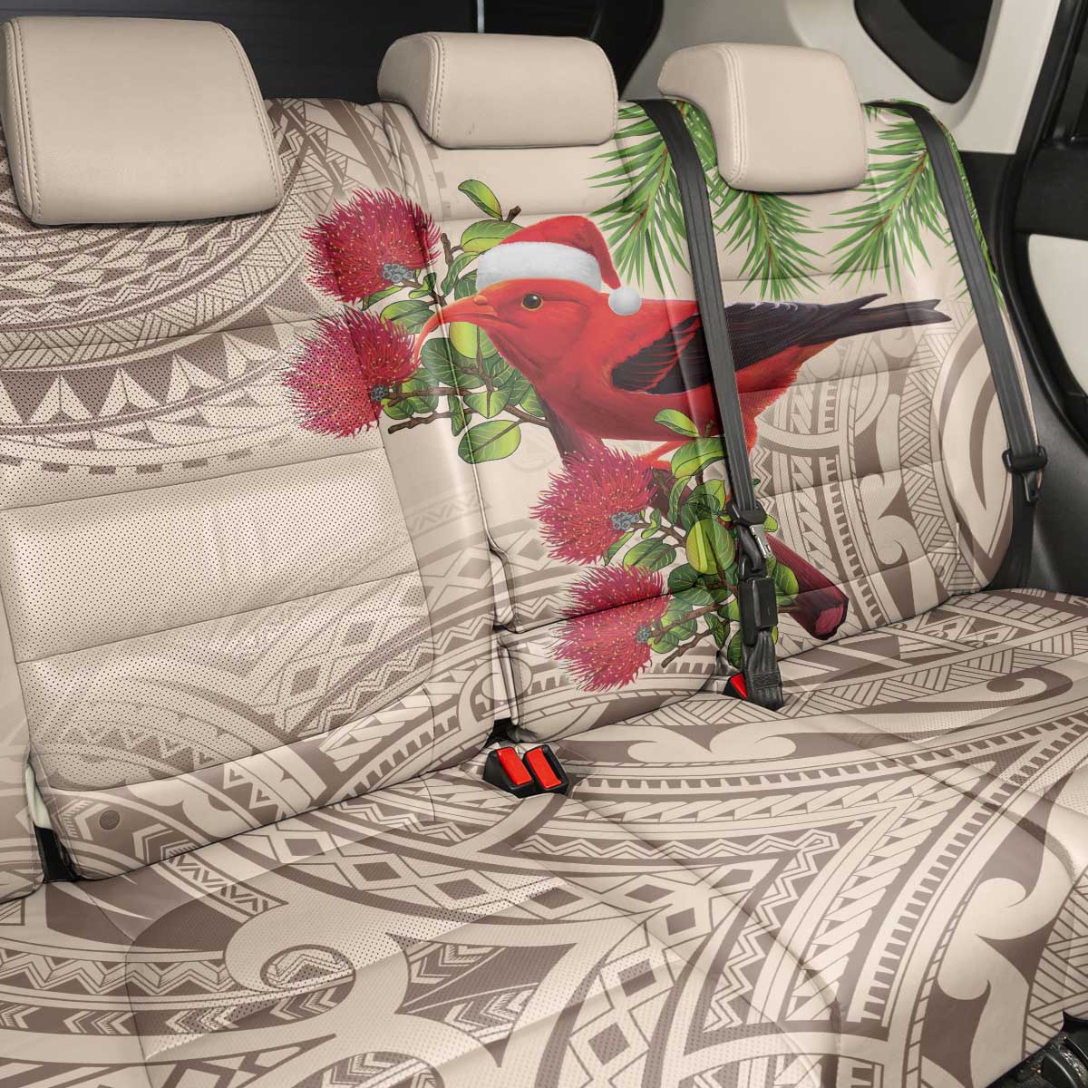 Christmas Hawaii with I'iwi Bird Back Car Seat Cover Aloha Mele Kalikimaka - Beige Art
