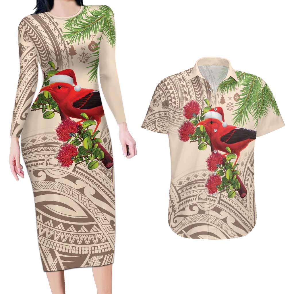 Christmas Hawaii with I'iwi Bird Couples Matching Long Sleeve Bodycon Dress and Hawaiian Shirt Aloha Mele Kalikimaka - Beige Art