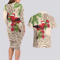 Christmas Hawaii with I'iwi Bird Couples Matching Long Sleeve Bodycon Dress and Hawaiian Shirt Aloha Mele Kalikimaka - Beige Art