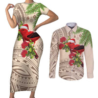 Christmas Hawaii with I'iwi Bird Couples Matching Short Sleeve Bodycon Dress and Long Sleeve Button Shirt Aloha Mele Kalikimaka - Beige Art