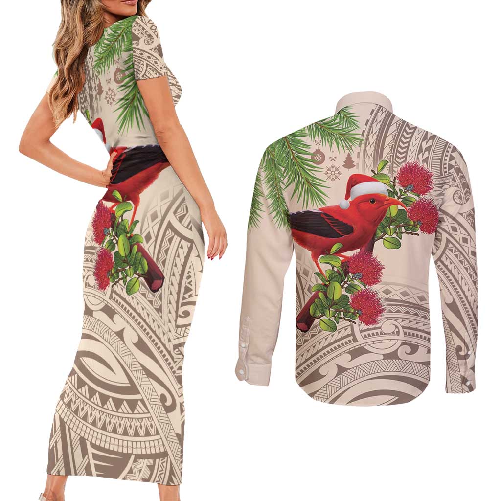 Christmas Hawaii with I'iwi Bird Couples Matching Short Sleeve Bodycon Dress and Long Sleeve Button Shirt Aloha Mele Kalikimaka - Beige Art