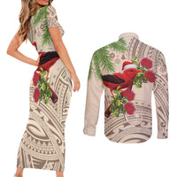Christmas Hawaii with I'iwi Bird Couples Matching Short Sleeve Bodycon Dress and Long Sleeve Button Shirt Aloha Mele Kalikimaka - Beige Art