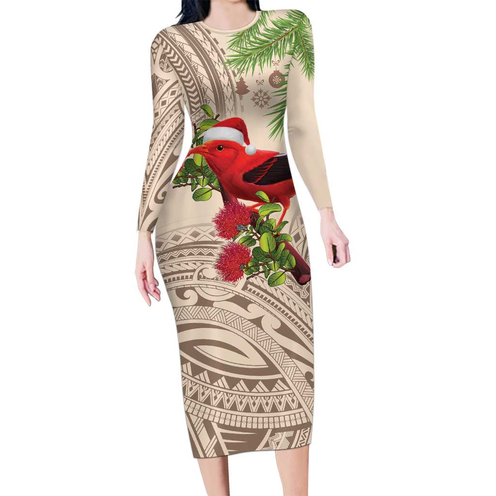 Christmas Hawaii with I'iwi Bird Family Matching Long Sleeve Bodycon Dress and Hawaiian Shirt Aloha Mele Kalikimaka - Beige Art