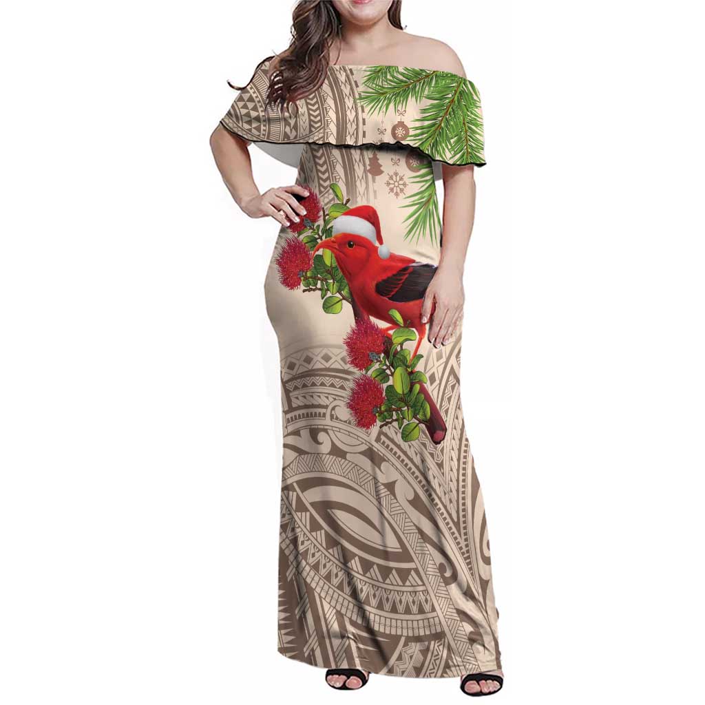 Christmas Hawaii with I'iwi Bird Family Matching Off Shoulder Maxi Dress and Hawaiian Shirt Aloha Mele Kalikimaka - Beige Art