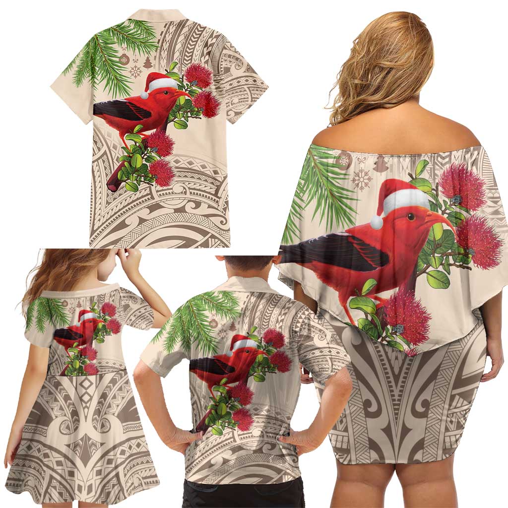 Christmas Hawaii with I'iwi Bird Family Matching Off Shoulder Short Dress and Hawaiian Shirt Aloha Mele Kalikimaka - Beige Art