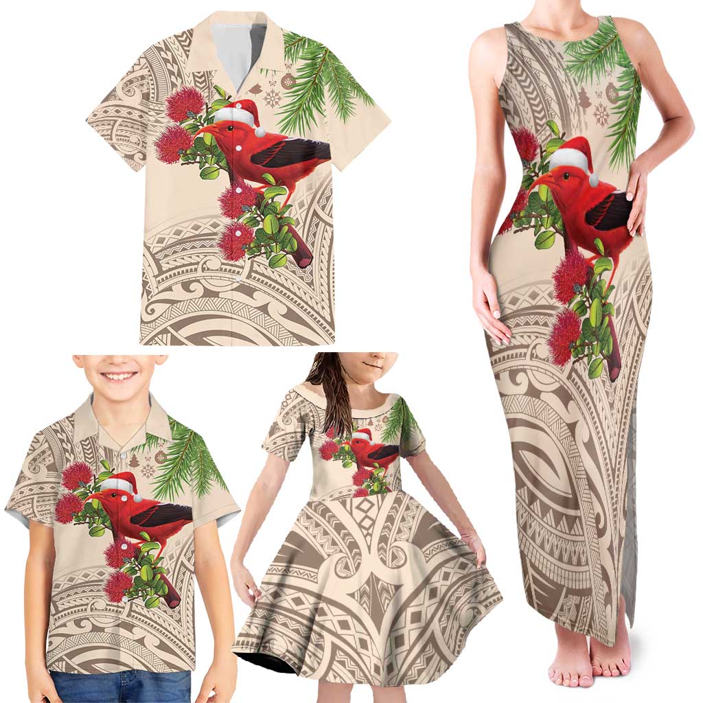 Christmas Hawaii with I'iwi Bird Family Matching Tank Maxi Dress and Hawaiian Shirt Aloha Mele Kalikimaka - Beige Art