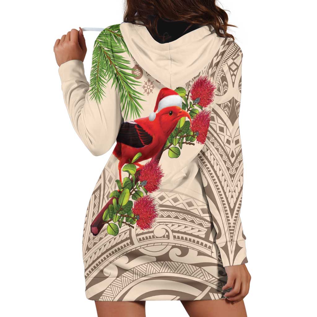Christmas Hawaii with I'iwi Bird Hoodie Dress Aloha Mele Kalikimaka - Beige Art