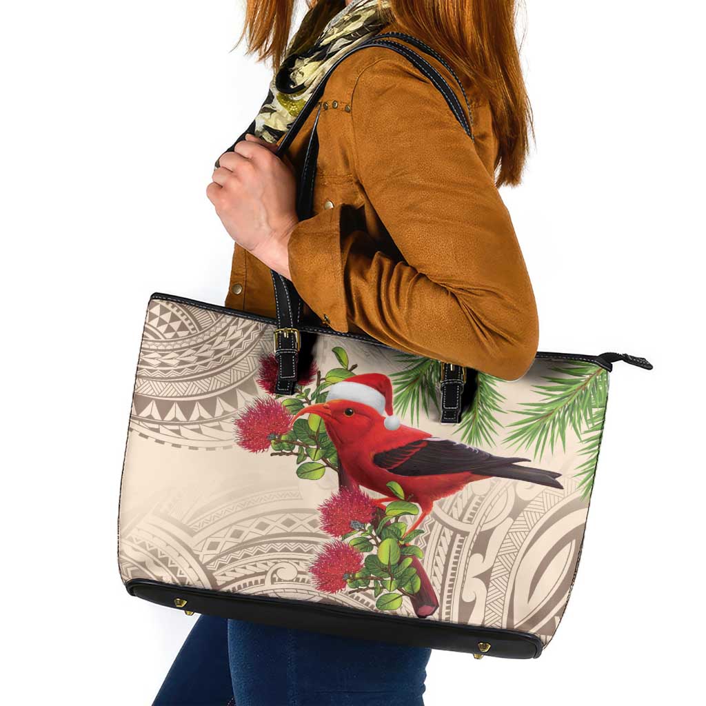 Christmas Hawaii with I'iwi Bird Leather Tote Bag Aloha Mele Kalikimaka - Beige Art