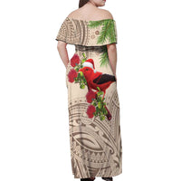 Christmas Hawaii with I'iwi Bird Off Shoulder Maxi Dress Aloha Mele Kalikimaka - Beige Art